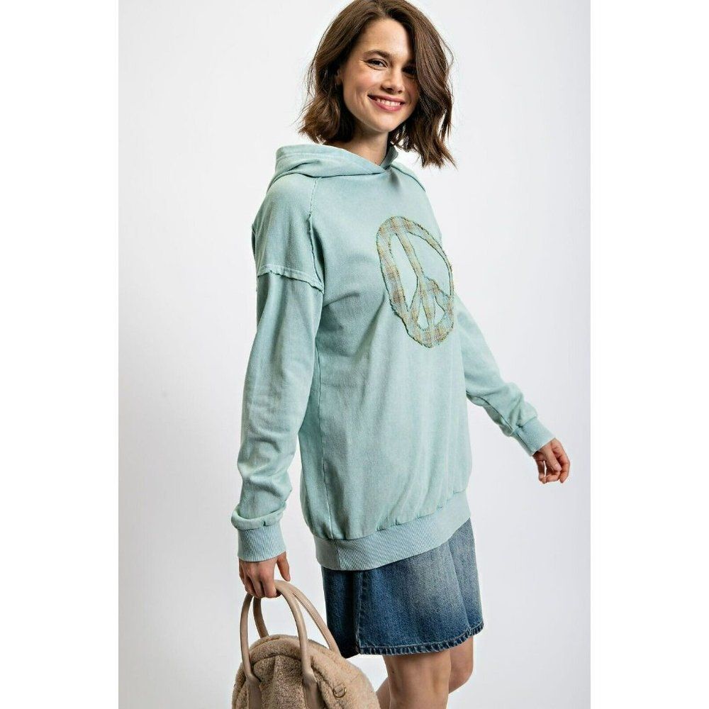 Easel Peacemaker Washed Terry Knit Pullover Hoodie in Seafoam ET22682 - Picture 2 of 5